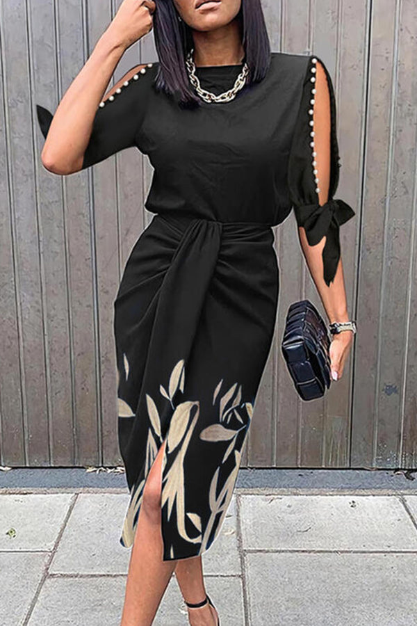 Leaf Print Pearls Decor Knotted Dress