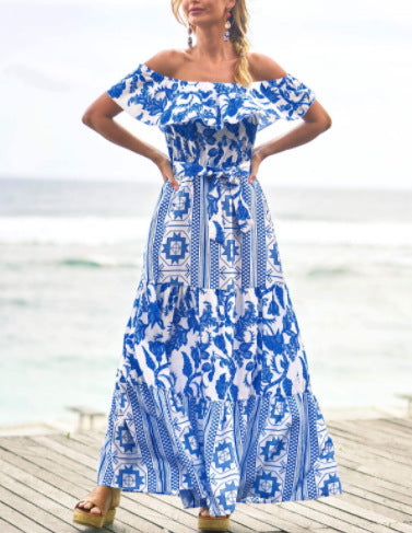 Summer Herringbone Neck High Waist Print Dress