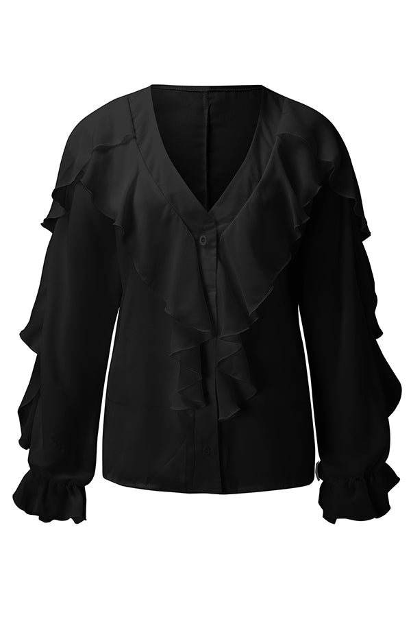 Chiffon V-Neck Long Sleeve Top