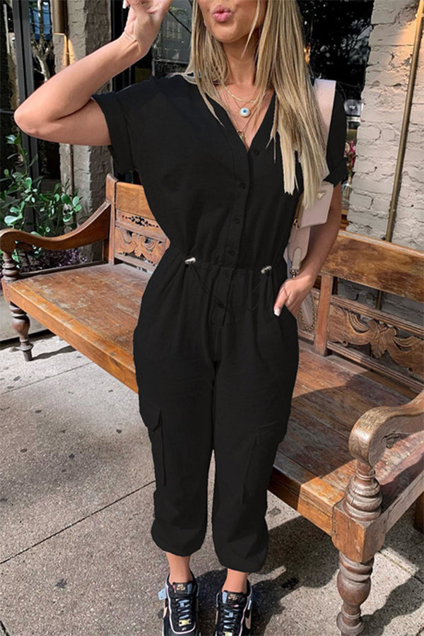 Solid Split Joint V Neck Harlan Jumpsuits