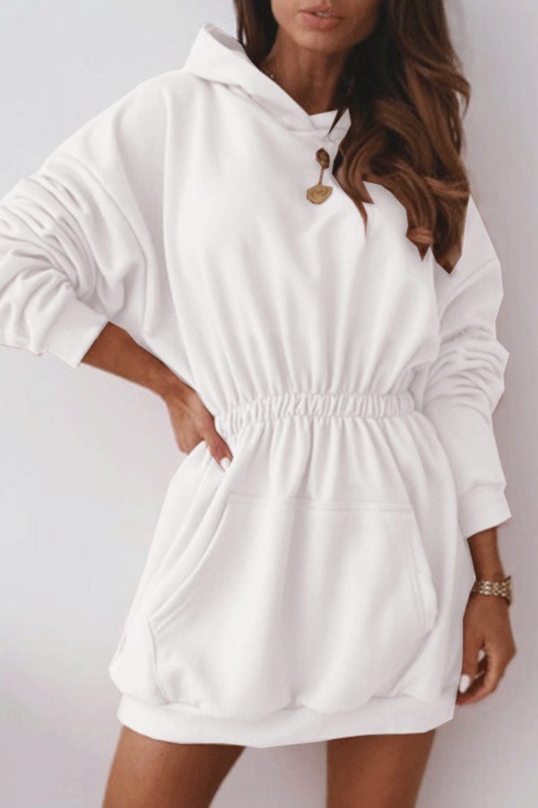 Waist Long Sleeve Fleece Hooded Sweatshirt Dress