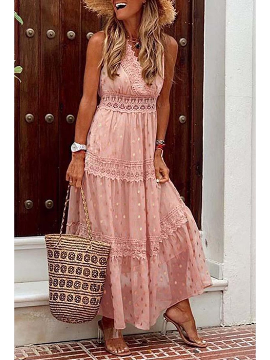 Stylish PolkaDots Print Lace V-Neck Maxi Dress