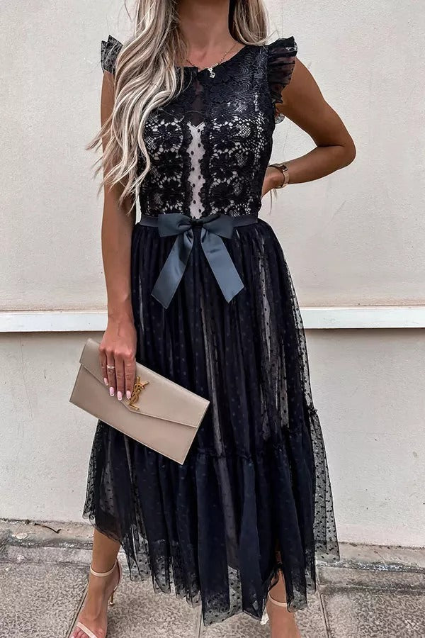 All The Romance Bow Tie Lace Midi Dress