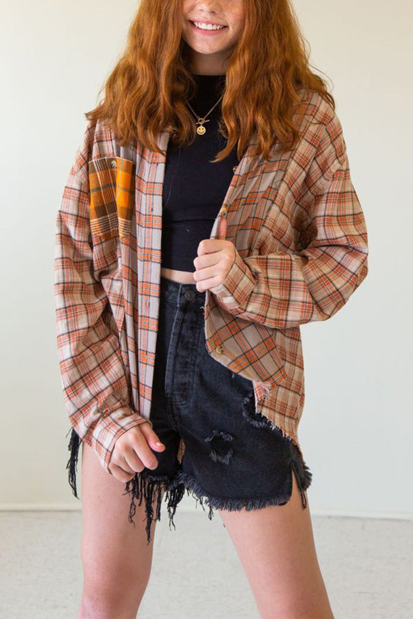 Three-color Stitching Single-breasted Lapel Plaid Shirt