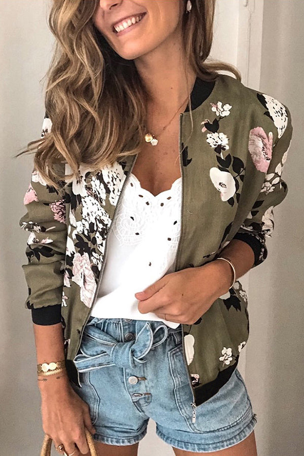 Round Neck Zipper Long Sleeve Printed Jacket