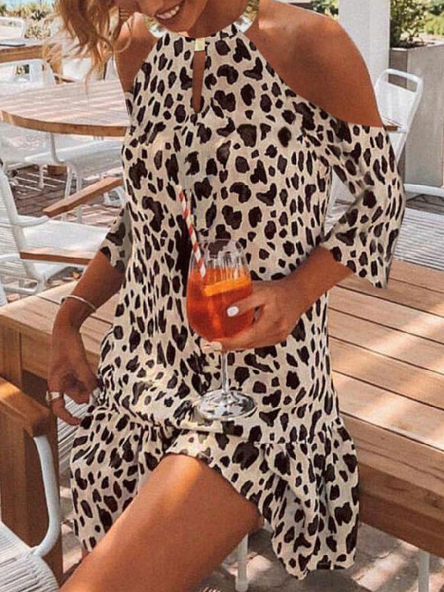 Halter Neck Print Half-sleeve Cold-shouder Mini Dress