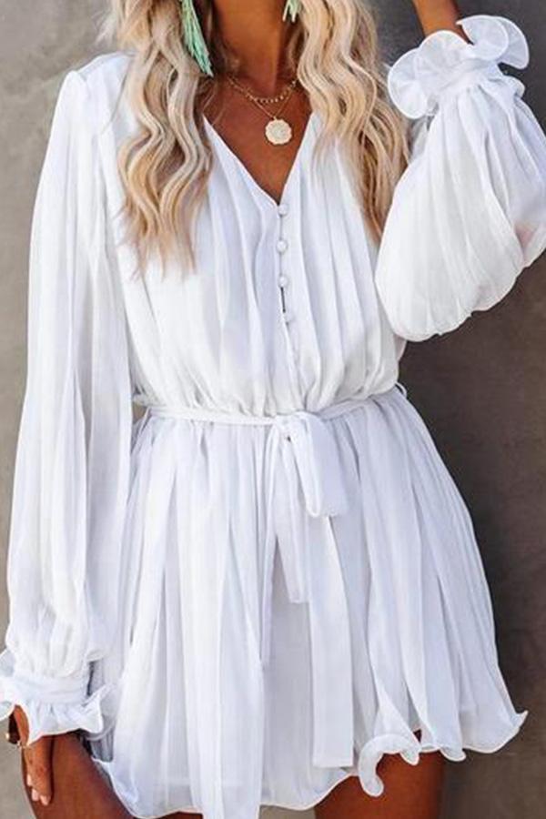 V-Neck Solid Color Pleat Chiffon Dress