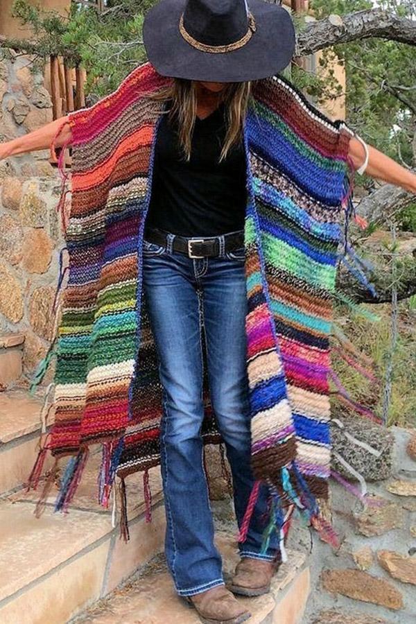 Bohemian Collarless Tassel Mid-length Handknit Cardigan