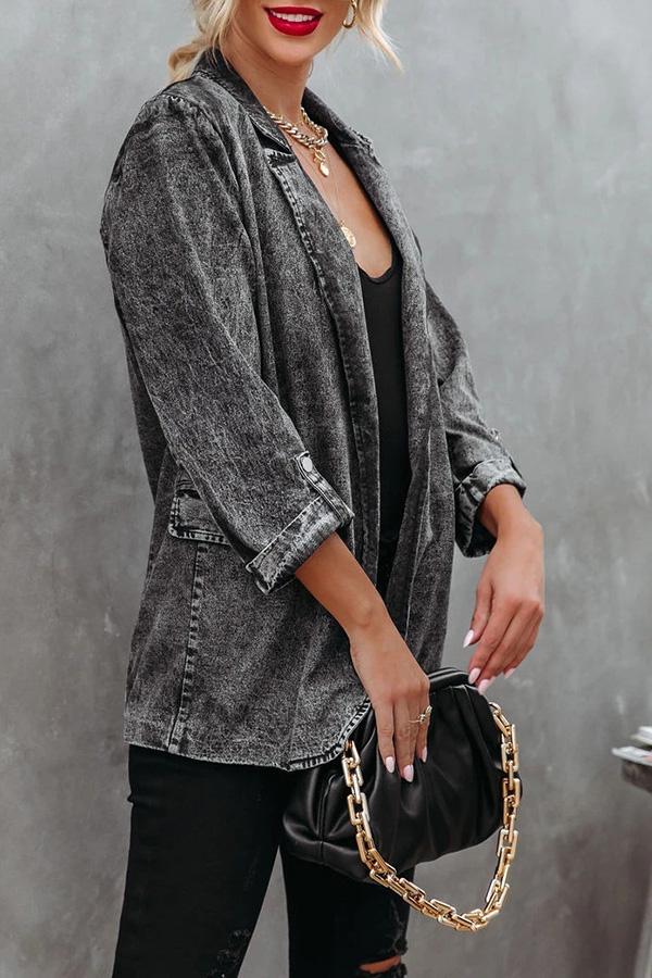 Lapel Bracelet Sleeve Washed Denim Blazer