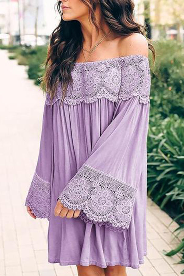 Off-Shoulder Lace Stitching Flared Sleeve Mini Dress