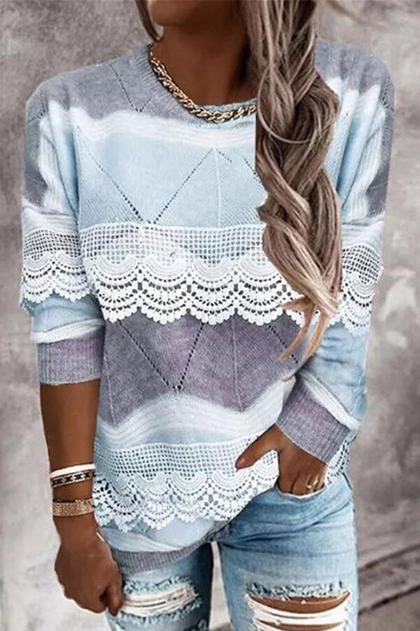 Gradient Lace Trim Cable Knit Pullover Sweater