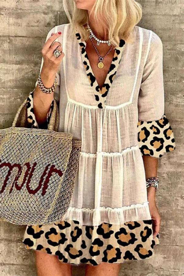 Leopard Print Stitching Cotton and Linen Dress