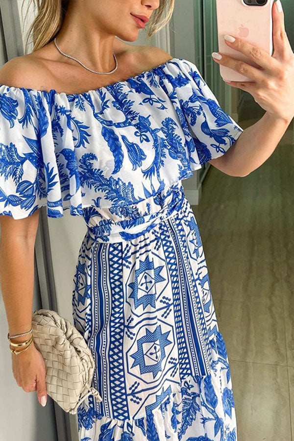 High-waisted Bohemian Print Dress with A Neckline