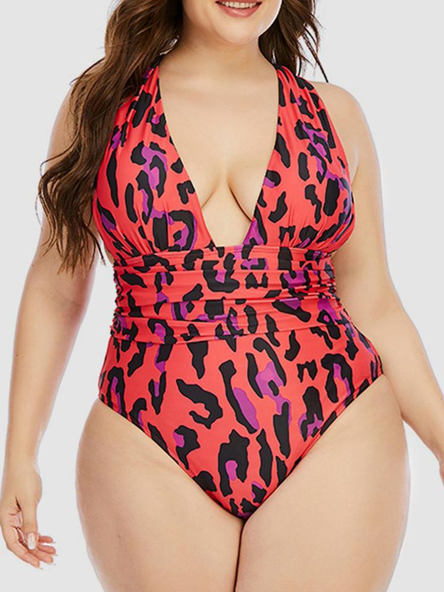 Boho V Neck Leopard Print Red One-piece Swimsuit