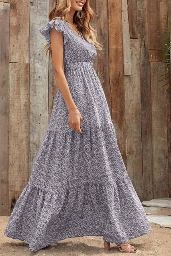 V-Neck High Waist Floral Print Layered Short Sleeve Maxi Dress
