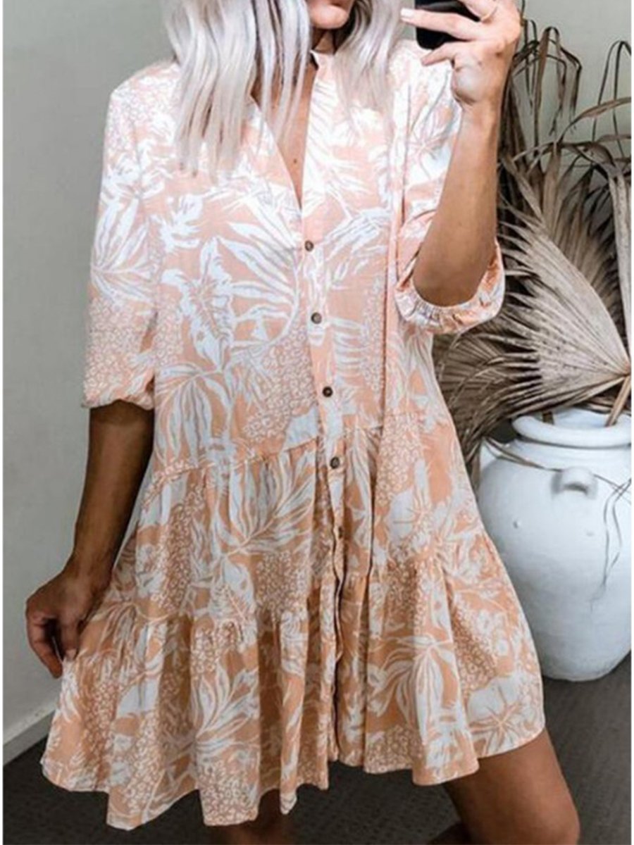 V-neck Print 3/4 Sleeve Pleat Mini Dress