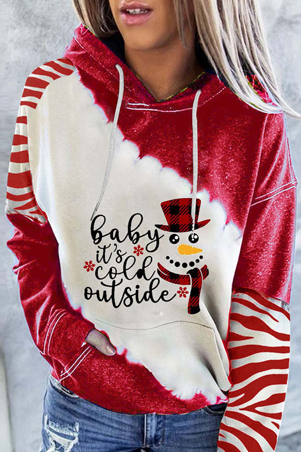 Santa Claus Print Color Block Hoodie (Red)