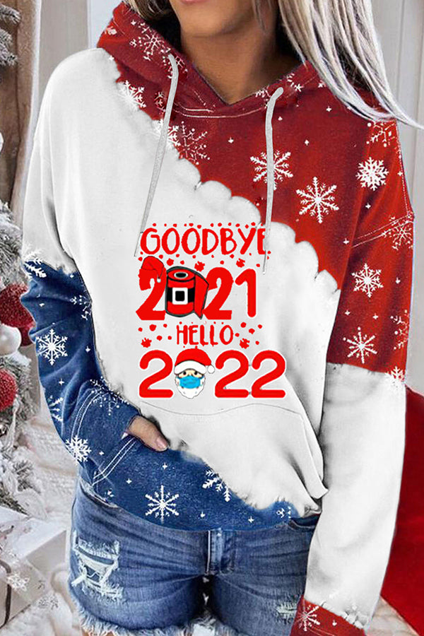 Santa Claus Print Color Block Hoodie (Red and blue)