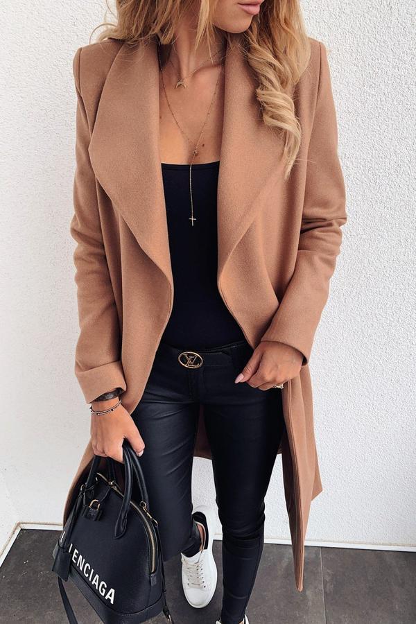 FASHION SOLID COLOR CASUAL TURNDOWN COLLAR LONG COAT