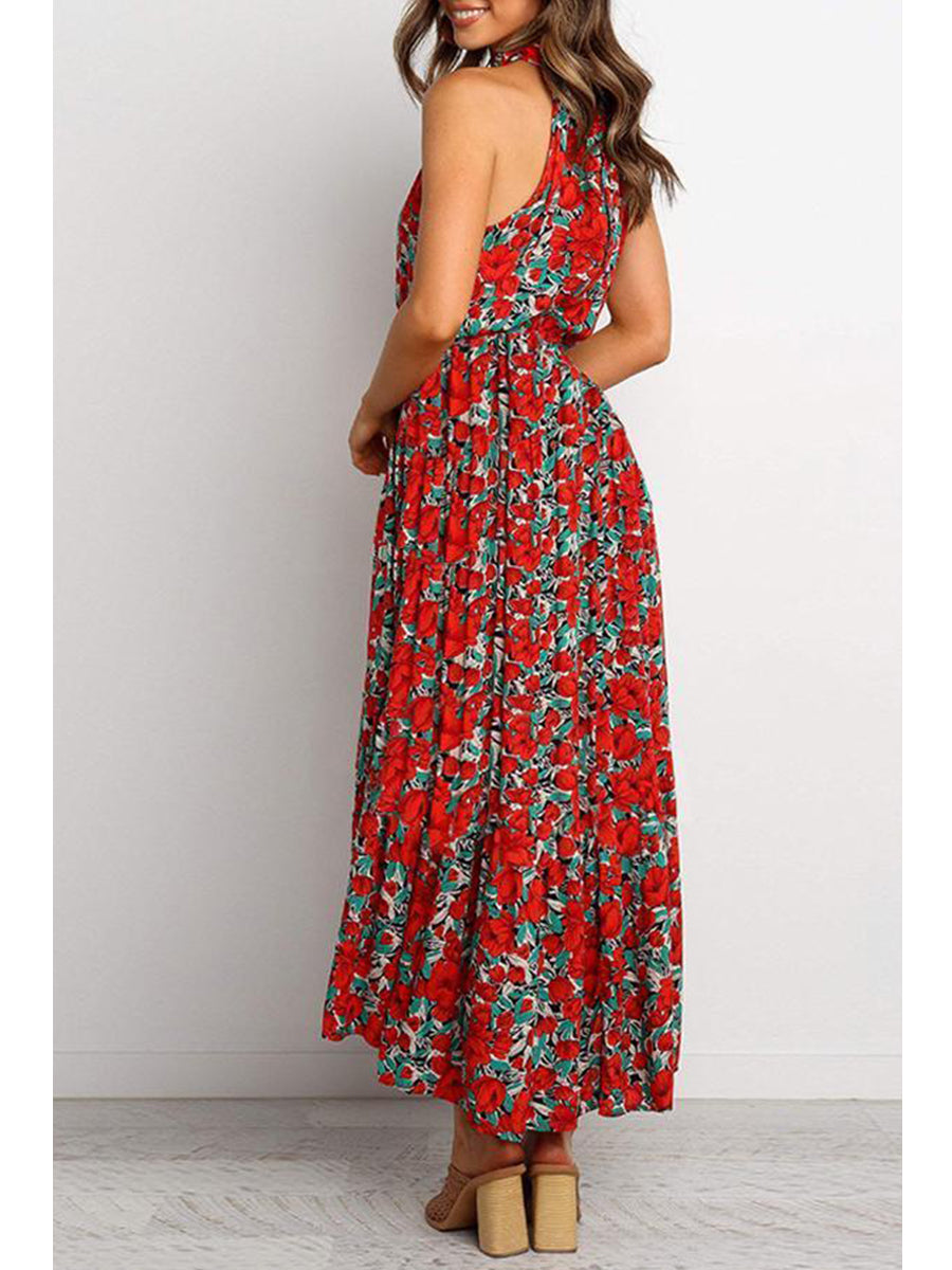 Bohemian Floral Print Halter Maxi Dress