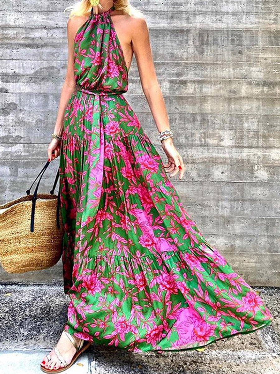 Halter-Neck Flower Print Maxi Dress