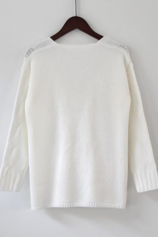 Long Sleeve Hollow Out Knit V-Neck Sweater