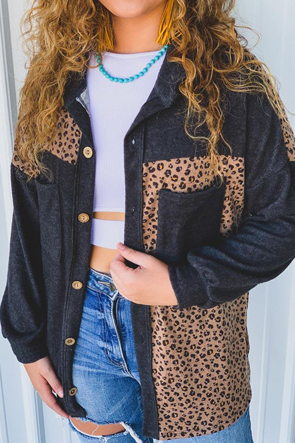 Lapel Leopard Print Pocket Woolen Jacket