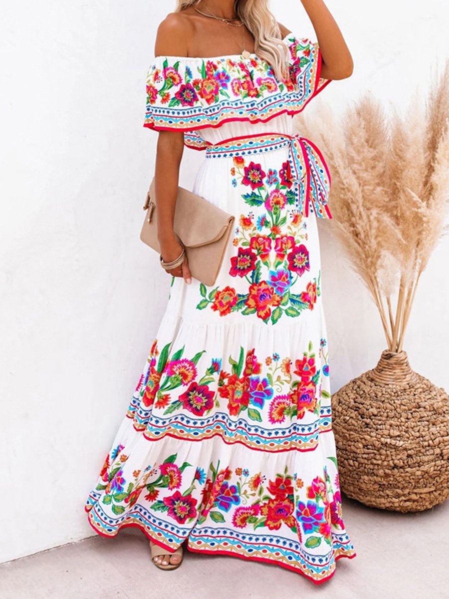 Elegant Off Shoulder Rainbow Maxi Dress