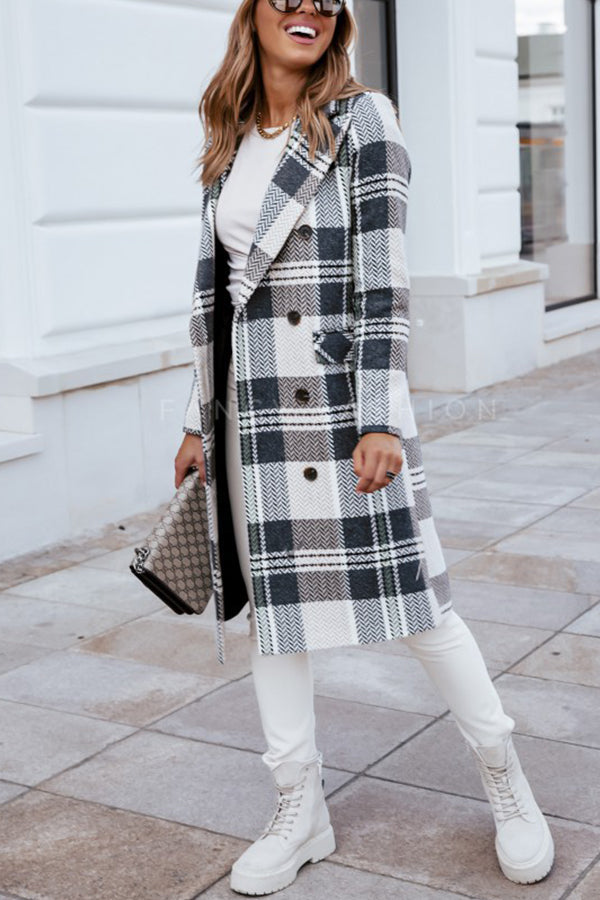 Plaid Print Long Sleeve Buttoned Pea Coat