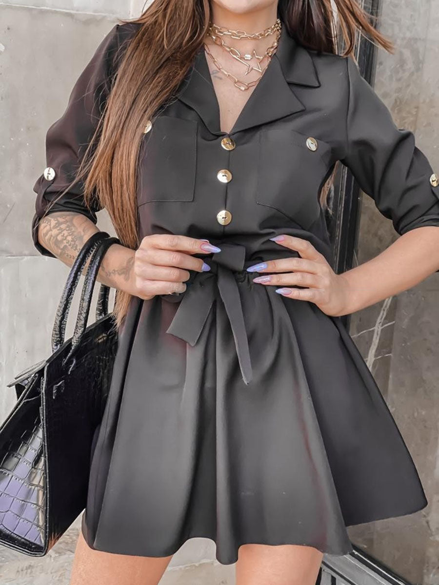 Solid Lapel Neck Bidded Shift Mini Dress