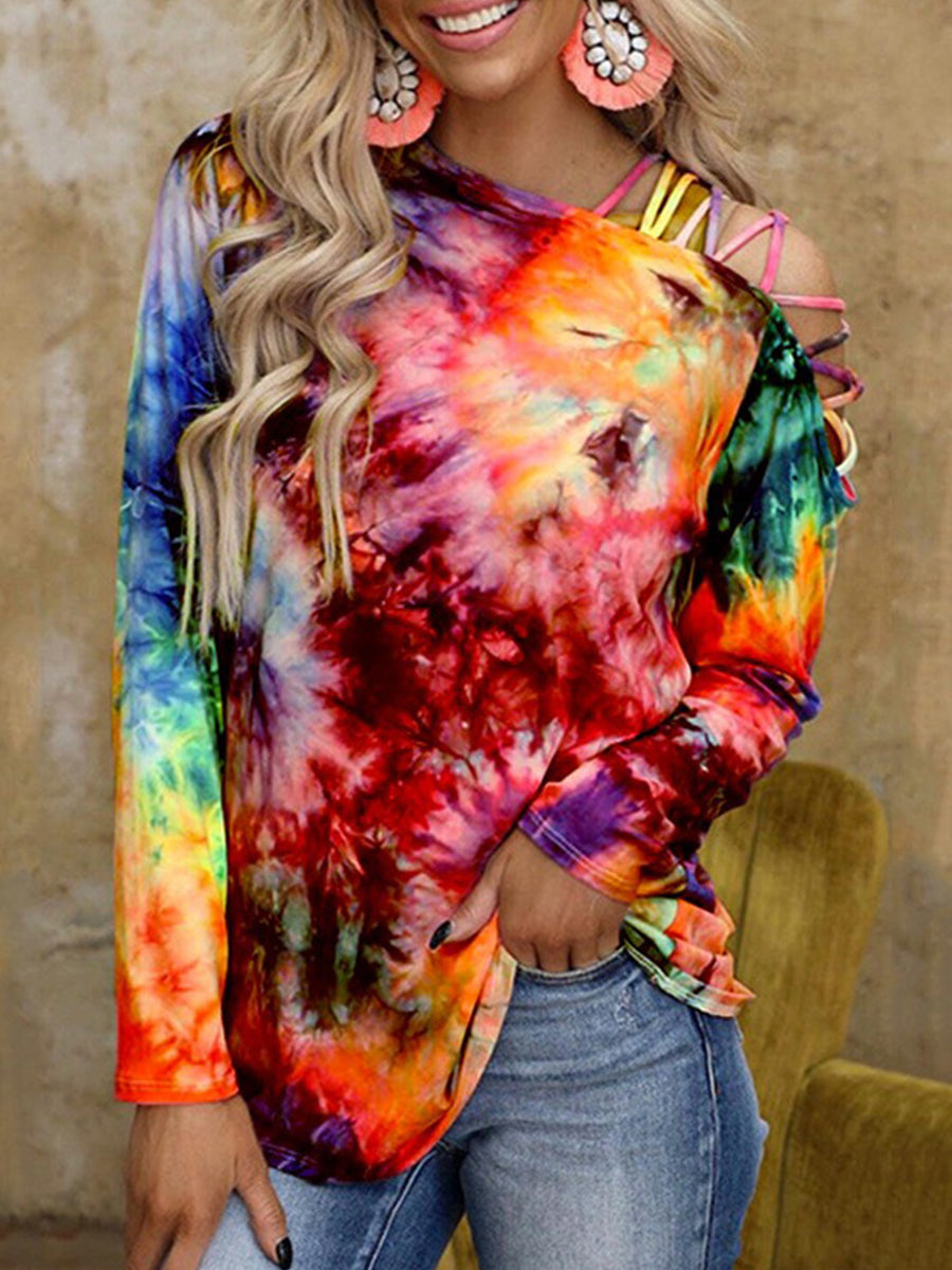 Tie-dye Long Sleeve Off-the-shoulder Loose T-shirt