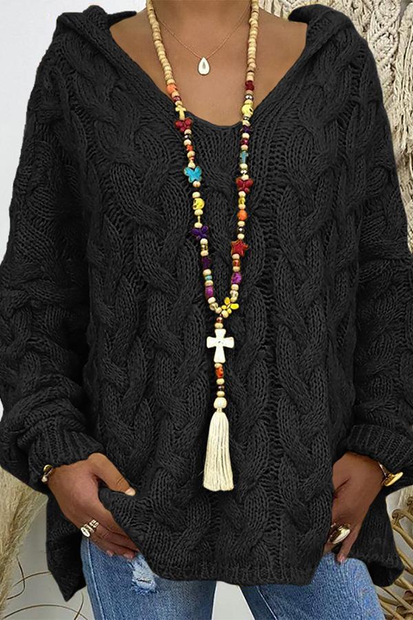 V-neck Hooded Loose Pullover Sweater