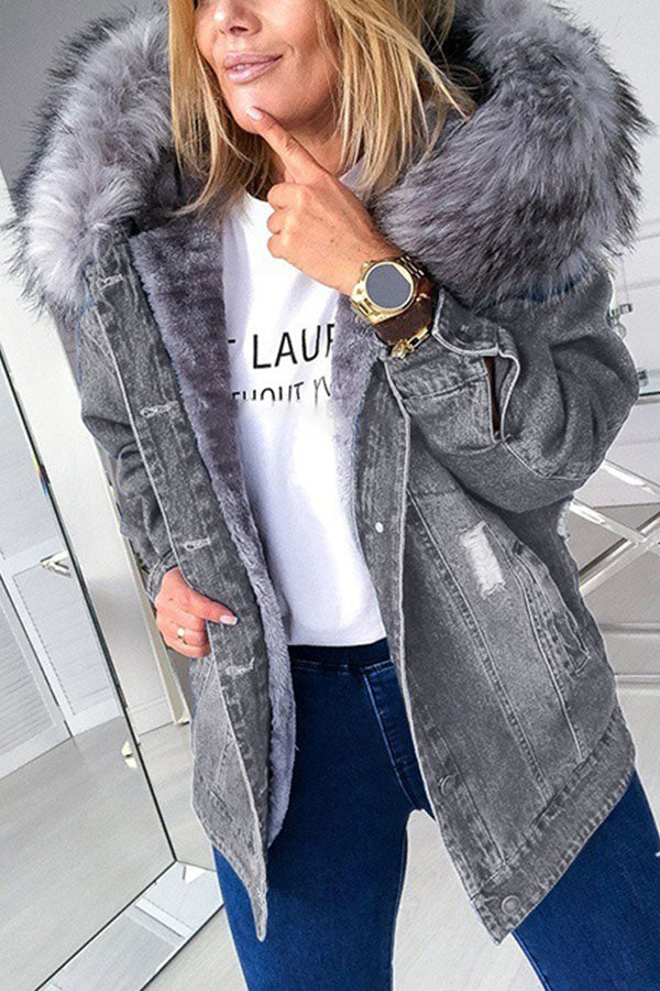 Big Fur Collar Distressed Denim Jacket
