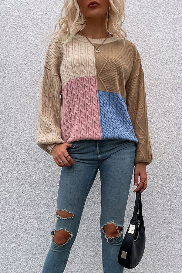 Square Stitching Contrast Color Twist Lantern Sleeve Sweater