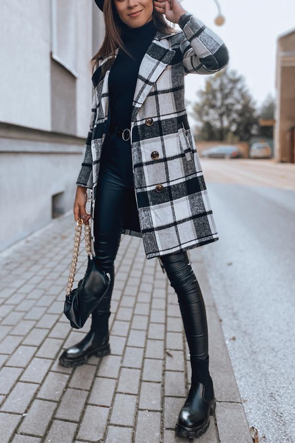 Double Row Button Checked Wool Coat