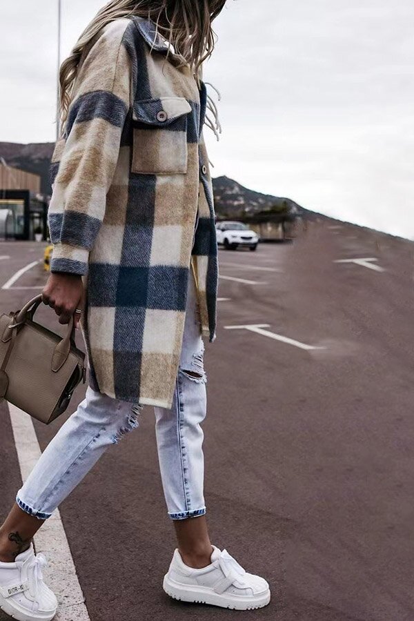 On-trend Mid-length Plaid Lapel Button Down Coat