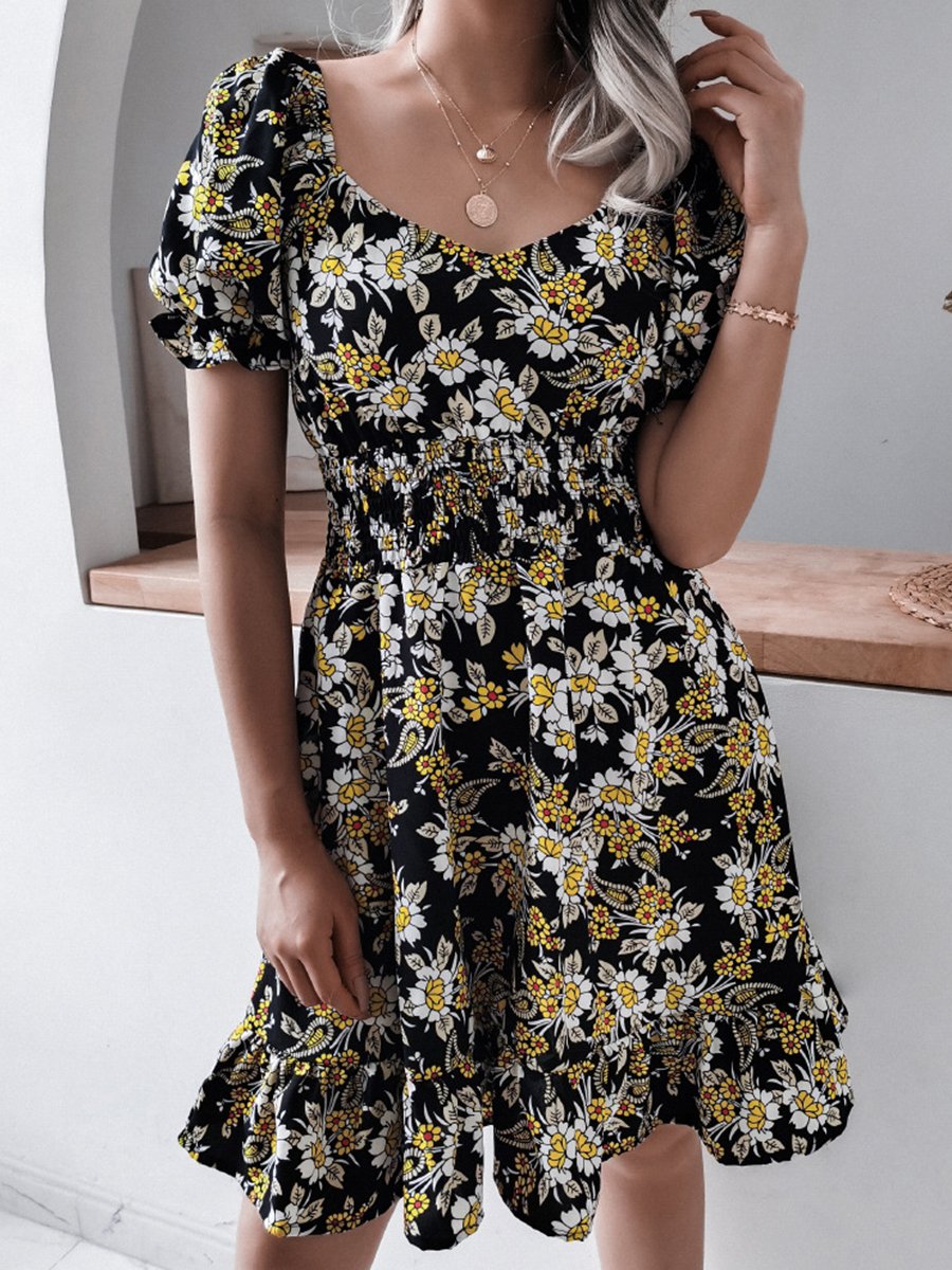 Fashion Casual Print Split Joint Square Collar A Line Dresses