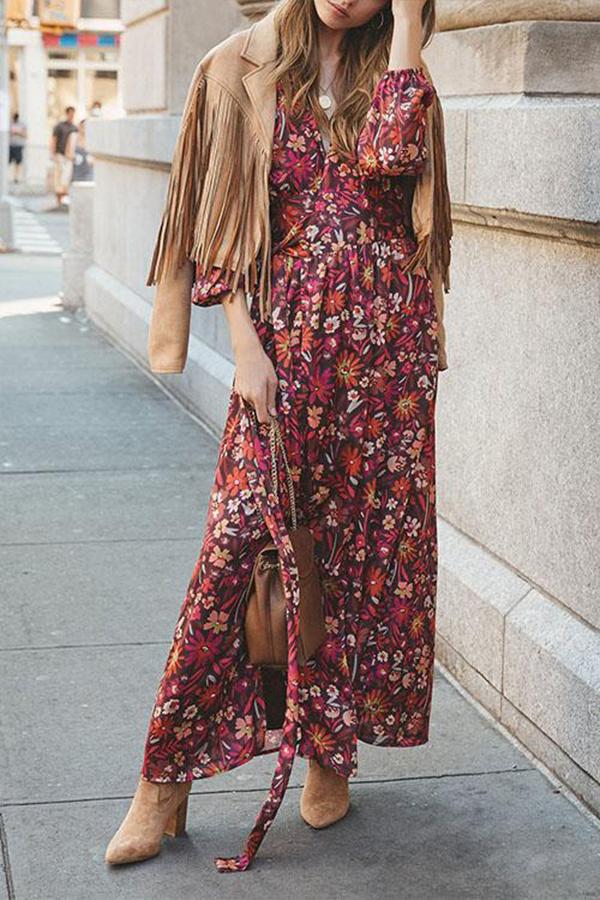 Wrap V Neck Printed Long Kimono Dress