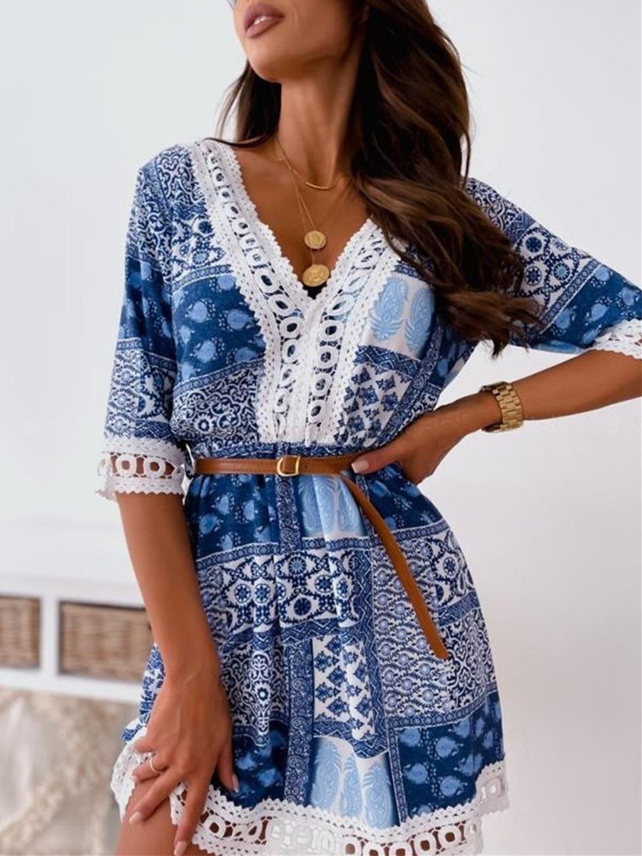 V-neck Print Lace Stiching Mini Dress