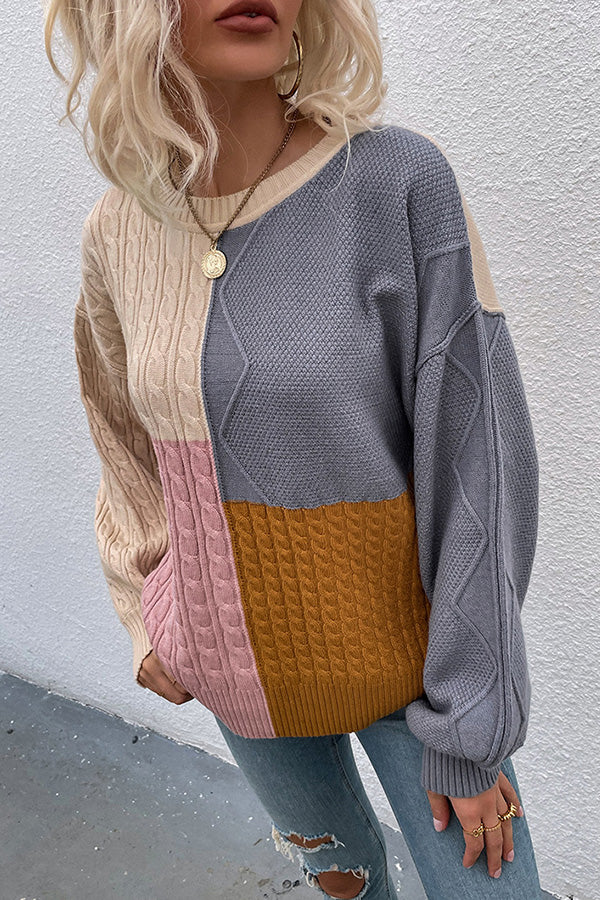 Square Stitching Contrast Color Twist Lantern Sleeve Sweater