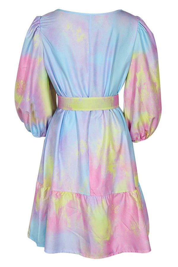 Tie-Dye Resort Ruffled Nipped Waist Mini Dress