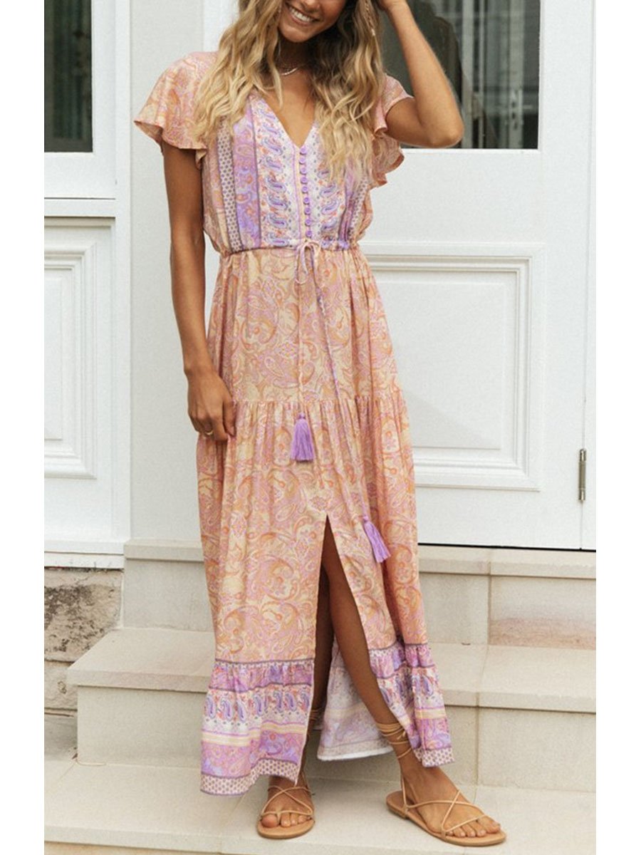 Women's Maxi Dresses Floral Short Sleeve A-line V Neck Button Belt Boho Daily Maxi Dress