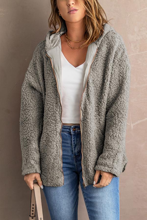 Zip Up Sherpa Hooded Coat with Pocket