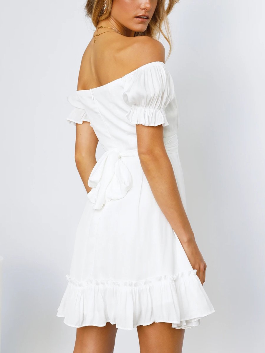 Off-the-shoulder Solid Ruffle Vacation Dress