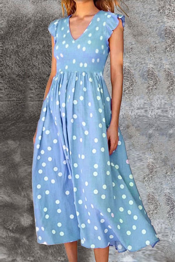 V-neck High Waist Polka Dot Print Dress