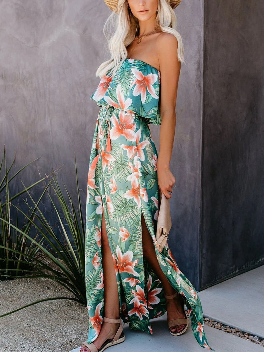 Tropical Plant Print Off-shoulder Ruffled Slit Long Dress