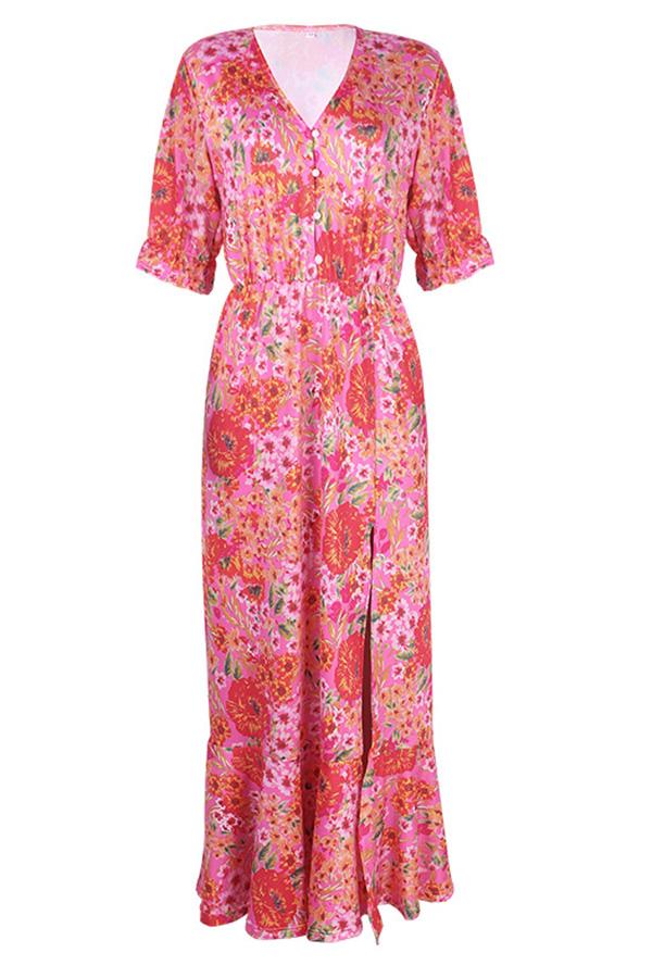 Printed V-neck Waistband Slit Calf-Length Dress
