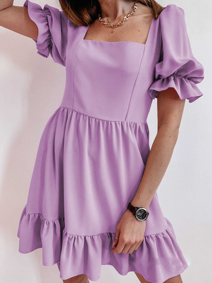 Solid Square Neck High Waist Mini Dress