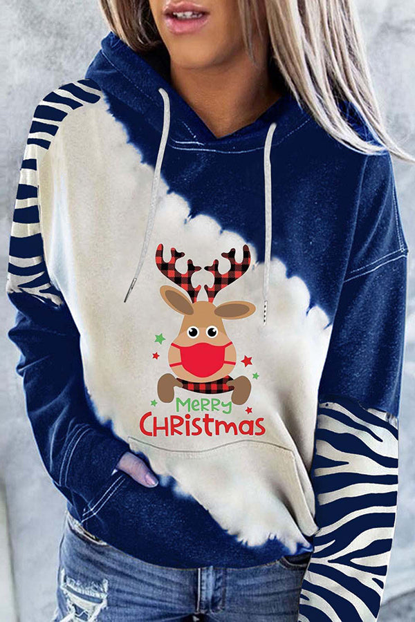 Santa Claus Print Color Block Hoodie (Blue )