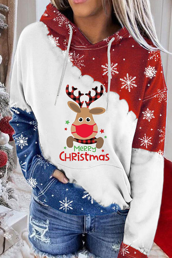Santa Claus Print Color Block Hoodie (Red and blue)